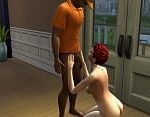 Adult Sim woman, delivery man meetup during spouse’s nap (Sims 3D porny scene).