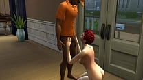 Adult Sim woman, delivery man meetup during spouse’s nap (Sims 3D porny scene).