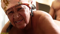 Elderly, plump grandmother endures sinful anal fucking.